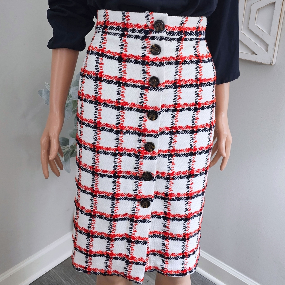 Ann Taylor Tweeted White Plaid Front Buttons Pencil Petite Skirt